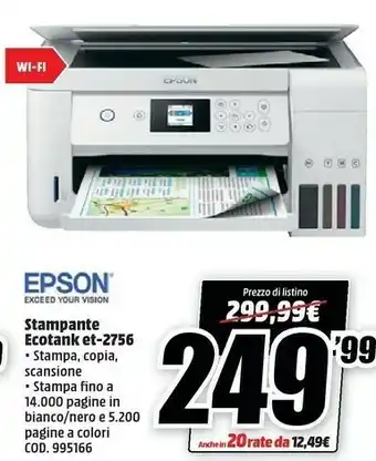 MediaWorld Epson EcoTank ET-2756 Ad Inchiostro A4 5750 X 1440 DPI 33 Ppm Wi-Fi offerta