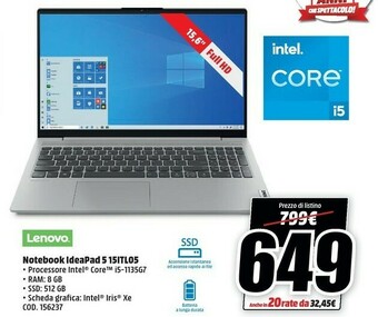 MediaWorld Lenovo IdeaPad 5 15ITL05 Computer Portatile 39,6 Cm (15.6") 1920 X 1080 Pixel Intel® Core™ I7 Di Undicesima Generazione 16 GB offerta