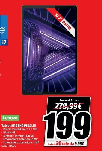 MediaWorld Lenovo Tab M10 128 GB 26,2 Cm (10.3") Mediatek 4 GB Wi-Fi 5 (802.11ac) Grigio offerta