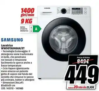 MediaWorld Samsung WW90TA046AH Lavatrice Libera Installazione Caricamento Frontale 9 Kg 1400 Giri/min Bianco offerta