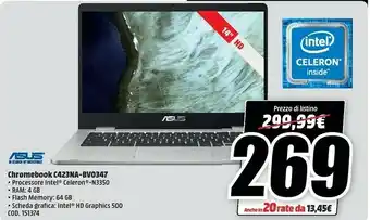 MediaWorld Asus Chromebook C423NA-BV0347 LPDDR4-SDRAM 35,6 Cm (14") 1366 X 768 Pixel Intel® Celeron® 4 GB 64 GB EMMC Wi-Fi 5 (802.11ac) offerta