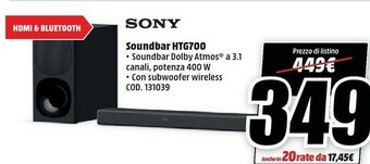 MediaWorld Sony HTG700 Altoparlante Soundbar 3.1 Canali 400 W Nero offerta