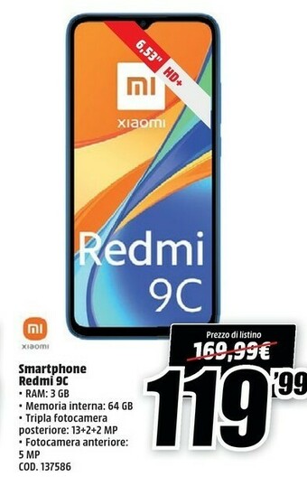 MediaWorld Xiaomi Redmi 9C 16,6 Cm (6.53") 3 GB 64 GB Doppia SIM 4G Micro-USB Blu Android 10.0 5000 MAh offerta