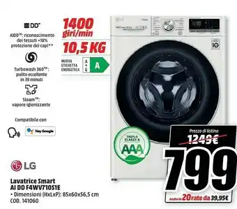 MediaWorld LG F4WV710S1E Lavatrice Libera Installazione Caricamento Frontale 10,5 Kg 1400 Giri/min A Bianco offerta