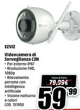 MediaWorld Ezviz C3N Telecamera Wi-Fi Per Esterno Con Visione Notturna A Colori offerta