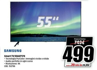 MediaWorld Samsung TV Crystal UHD 4K 55” UE55AU7170 Smart TV Wi-Fi Titan Gray 2021 offerta
