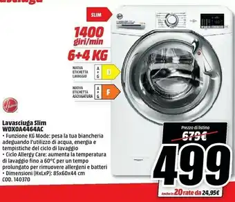 MediaWorld Hoover Dynamic Next WDXOA40464AHC-01 Lavasciuga Libera Installazione Caricamento Frontale Bianco offerta