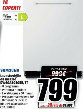 MediaWorld Samsung DW60A8050BB Lavastoviglie 14 Coperti C offerta