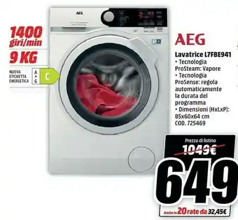 MediaWorld Aeg Lavatrice L7FBE941 offerta