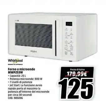 MediaWorld Whirlpool MWP 253 W Superficie Piana Microonde Con Grill 25 L 900 W Bianco offerta
