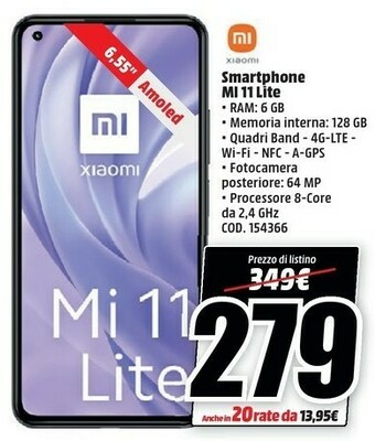 MediaWorld Xiaomi Mi 11 Lite Smartphone 6.55'' 6gb 128gb offerta
