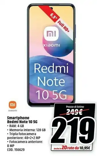 MediaWorld Xiaomi Redmi Note 10 5g Smartphone 6.5'' 4gb 128gb offerta