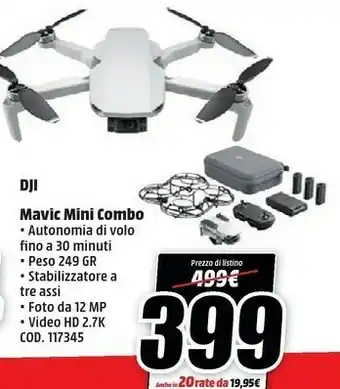 MediaWorld Dji Mavic Mini Fly More Combo Quadrirotore Nero, Bianco 4 Rotori 12 MP 2720 X 1530 Pixel offerta