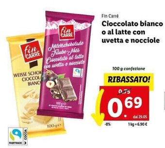 Lidl Fin Carré Cioccolato bianco o al latte con uvetta e nocciole 100 g offerta