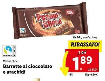 Lidl Mister choc Barrette al cioccolato e arachidi 6x 50 g offerta