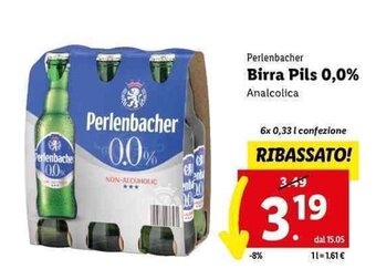 Lidl Perlenbacher Birra Pils 0,0% Analcolica 6x 0,33 l offerta