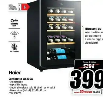 MediaWorld Haier Wine Cellar WS30GA Libera Installazione Nero 30 Bottiglia/bottiglie offerta