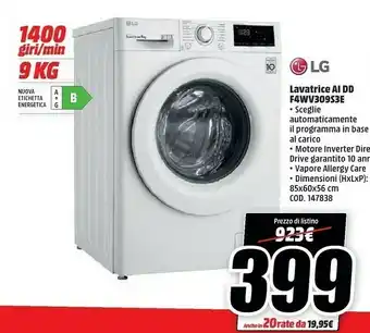 MediaWorld LG Lavatrice AI DD F4WV309S3E offerta