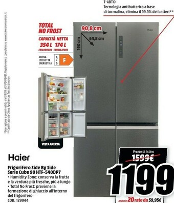 MediaWorld Haier Cube 90 Serie 5 HTF-540DP7 Frigorifero Side-by-side Libera Installazione 528 L F Platino, Acciaio Inossidabile offerta