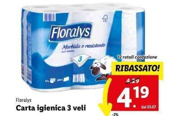 Lidl Floralys Carta igienica 3 veli offerta
