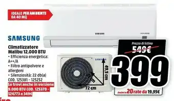 MediaWorld Samsung Malibu (AR30) Malibu (AR30) AR12TXHQBWKNEU + AR12TXHQBWKXEU Malibu Condizionatore MONO Split System Bianco 12000 Btu offerta