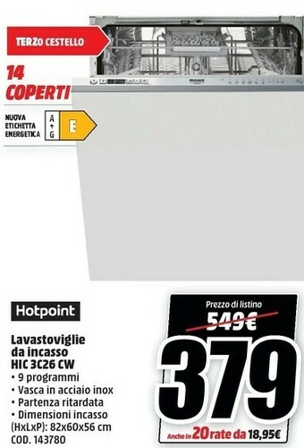 MediaWorld Hotpoint HIC 3C26 CW Lavastoviglie A Scomparsa Totale 14 Coperti E offerta