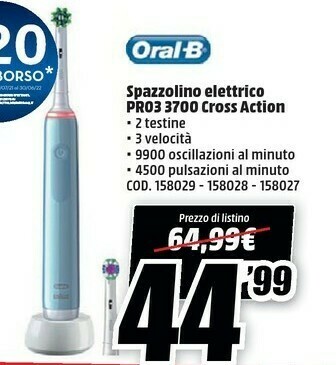 MediaWorld Oral b Spazzolino Elettrico Pro3 3700 Cross Action offerta