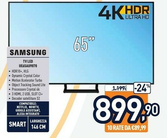 Unieuro Samsung Series 9 TV Crystal UHD 4K 65” UE65AU9070 Smart TV Wi-Fi Black 2021 offerta