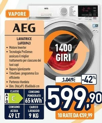 Unieuro Aeg Lavatrice L6FEG943 offerta