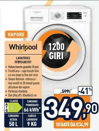 Unieuro Whirlpool FFB 9248 CV IT Lavatrice Libera Installazione Caricamento Frontale 9 Kg 1200 Giri/min C Bianco offerta