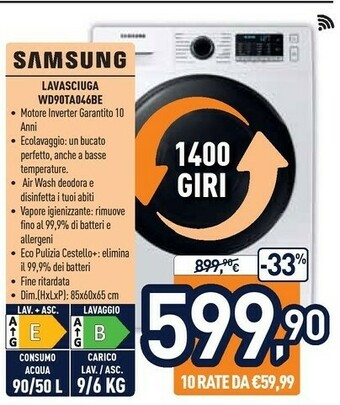 Unieuro Samsung WD90TA046BE Lavasciuga Libera Installazione Caricamento Frontale Bianco offerta