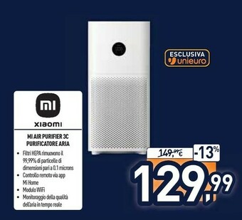 Unieuro Xiaomi Mi Air Purifier 3C Purificatore 106 M² 61 DB Bianco offerta