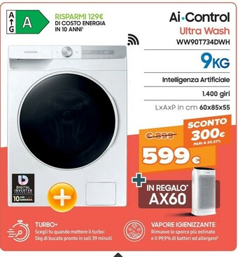 Expert Samsung WW90T734DWH Lavatrice 9kg UltraWash Ai Control Libera Installazione Caricamento Frontale 1400 Giri/min Bianco A offerta