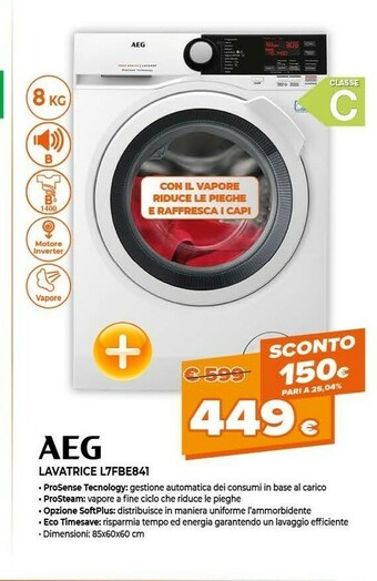 Aeg L7FBE841 Lavatrice Libera Installazione Caricamento Frontale Bianco 8 Kg 1400 Giri/min A+++-30%
