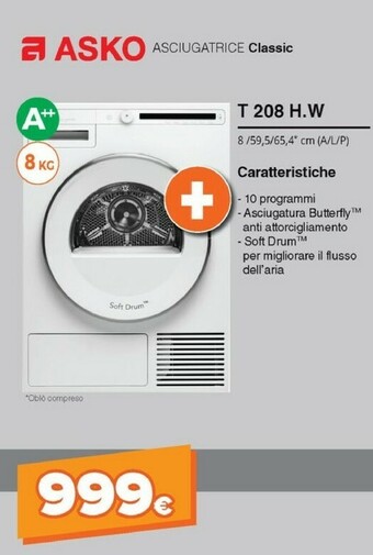 Expert Asko T208H.W Asciugatrice Libera Installazione Caricamento Frontale Bianco 8 Kg A++ offerta