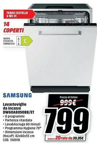 MediaWorld Samsung DW60A8050BB Lavastoviglie 14 Coperti C offerta