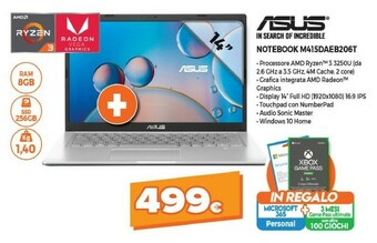 Expert Asus M415DA-EB206T Computer Portatile 35,6 Cm (14") Full HD AMD Ryzen 3 8 GB DDR4-SDRAM 256 GB SSD Wi-Fi 5 (802.11ac) Windows offerta