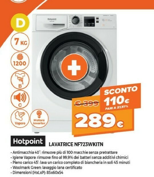 Hotpoint NF723WK IT N Lavatrice Libera Installazione Caricamento Frontale 7  Kg 1200 Giri/min D Bianco offerta di Expert