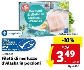 Lidl Ocean sea filetti di merluzzo d' alaska in porzioni offerta