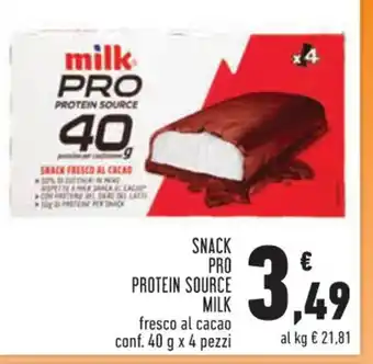 Conad SNACK PRO PROTEIN SOURCE MILK fresco al cacao conf. 40 g x 4 pezzi offerta