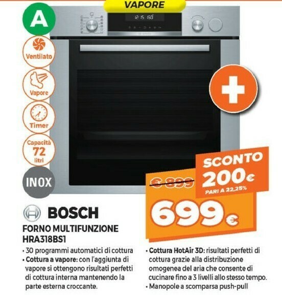 Bosch Bosch Serie 6 HRA318BS1 forno a vapore Media Acciaio inossidabile  Pulsanti, Manopola offerta di Expert
