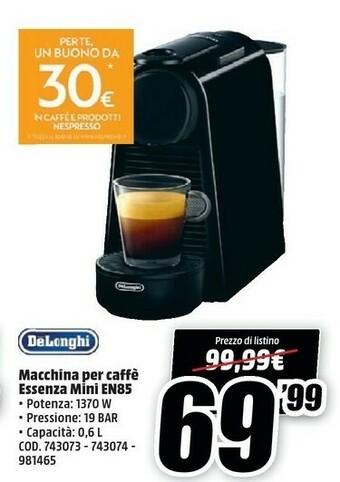 MediaWorld DeLonghi Essenza Mini EN85.B Macchina Per Caffè Superficie Piana Macchina Per Espresso 0,6 L Semi-automatica offerta