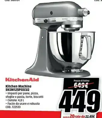 MediaWorld Kitchenaid Kitchen Machine 5ksm125psecu2 offerta