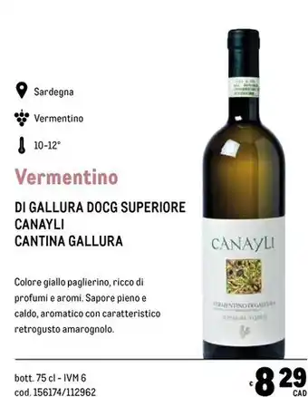 Metro Cantina gallura vermentino di gallura docg superiore canayli offerta