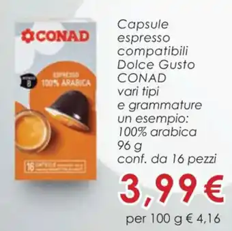 Conad Capsule espresso compatibili Dolce Gusto CONAD 100% arabica 96 g conf. da 16 pezzi offerta