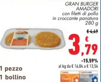 Conad GRAN BURGER AMADORI vari tipi con filetti di pollo in croccante panatura 280 g offerta