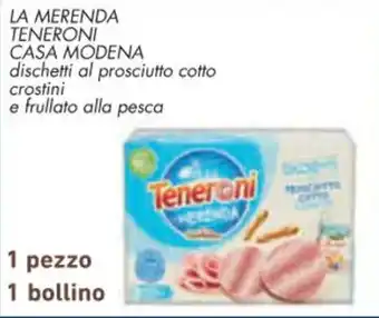 Conad LA MERENDA TENERONI CASA MODENA dischetti al prosciutto cotto crostini e frullato alla pesca offerta