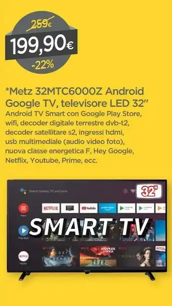 DPiù Metz 32MTC6000Z Android Google TV Televisore LED 32'' offerta