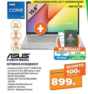Expert Asus VivoBook 15 K513EQ-BN162T Computer Portatile 39,6 Cm (15.6") Full HD Intel® Core™ I7 Di Undicesima Generazione 8 GB DDR4 offerta
