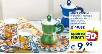 Esselunga MOKA PEDRINI in alluminio, manico e pomello soft touch, colori assortiti, capacità 3 tazze offerta